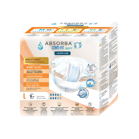 Absorba Conti-Fit Soft Adult Diapers Size L 9's (100-135cm / 39-53 inches)