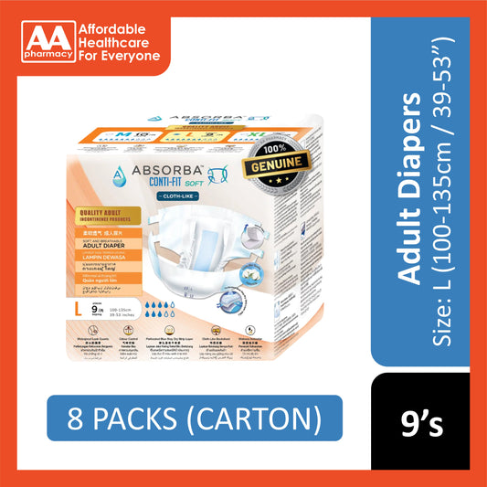 Absorba Conti-Fit Soft Adult Diapers Size L 9's (100-135cm / 39-53 inches) [8 Packs/Carton]