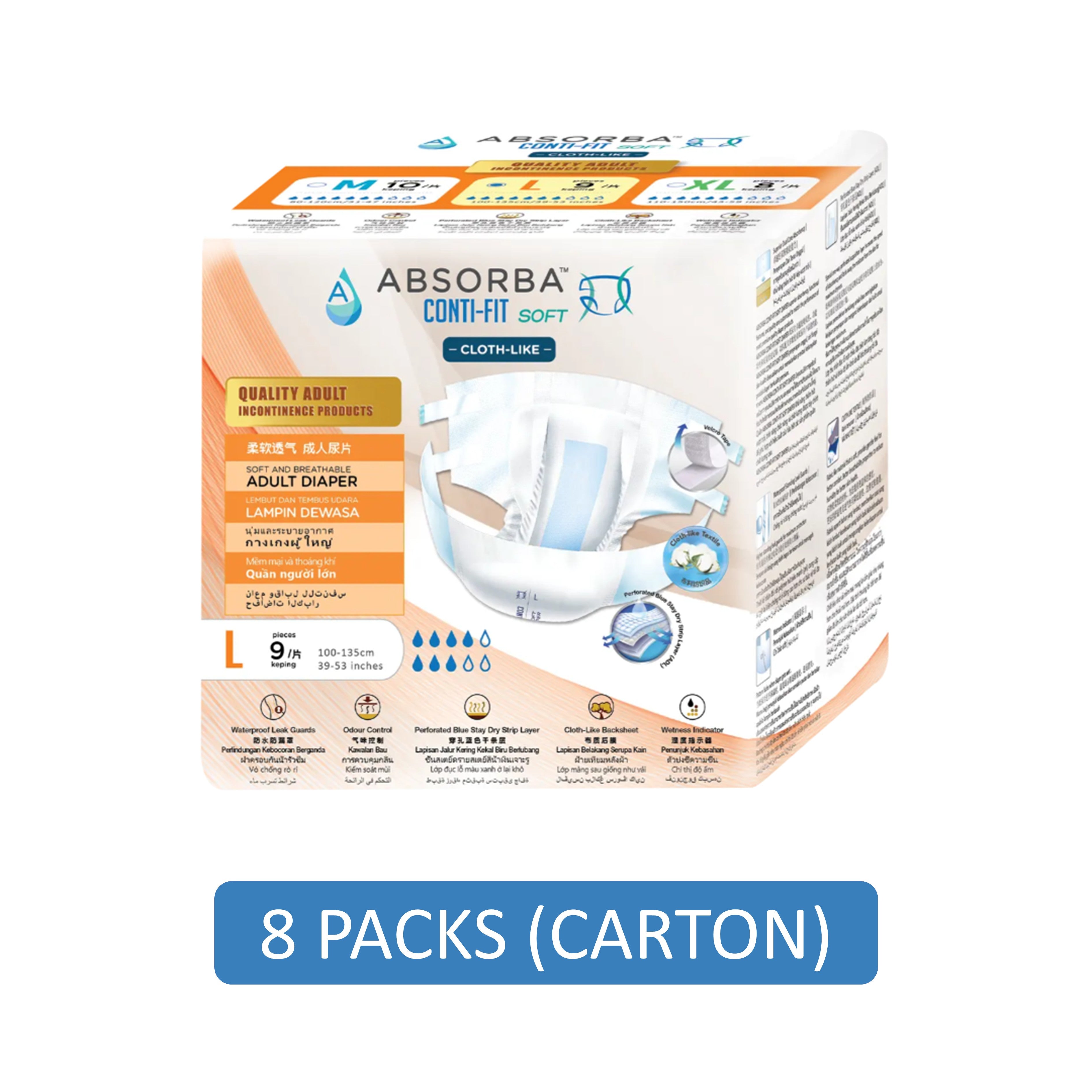 Absorba Conti-Fit Soft Adult Diapers Size L 9's (100-135cm / 39-53 inches) [8 Packs/Carton]