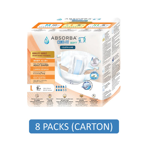 Absorba Conti-Fit Soft Adult Diapers Size L 9's (100-135cm / 39-53 inches) [8 Packs/Carton]