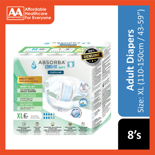 Absorba Conti-Fit Soft Adult Diapers Size XL 8's (110-150cm / 43-59 inches)