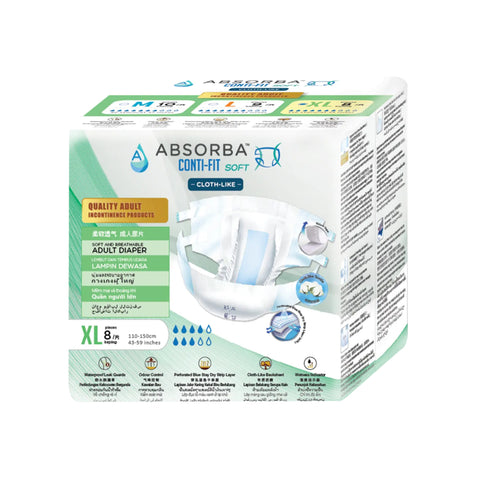 Absorba Conti-Fit Soft Adult Diapers Size XL 8's (110-150cm / 43-59 inches)