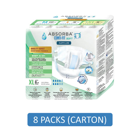 Absorba Conti-Fit Soft Adult Diapers Size XL 8's (110-150cm / 43-59 inches) [8 Packs/Carton]