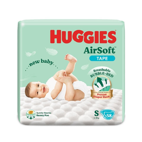 Huggies Air Soft Baby Tape Diapers Size S 58's (For 4-8kg)