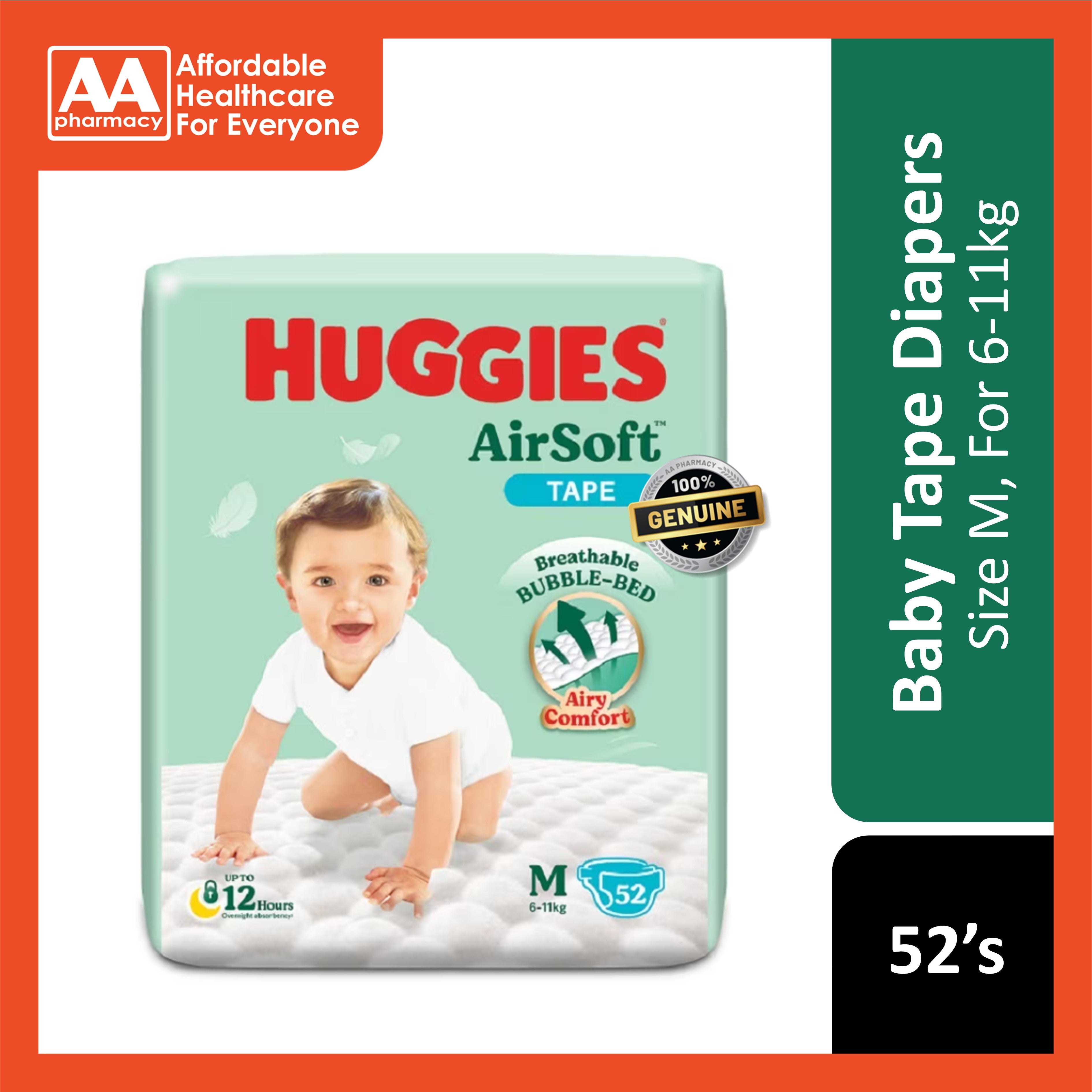 Huggies Air Soft Baby Tape Diapers Size M 52's (For 6-11kg)