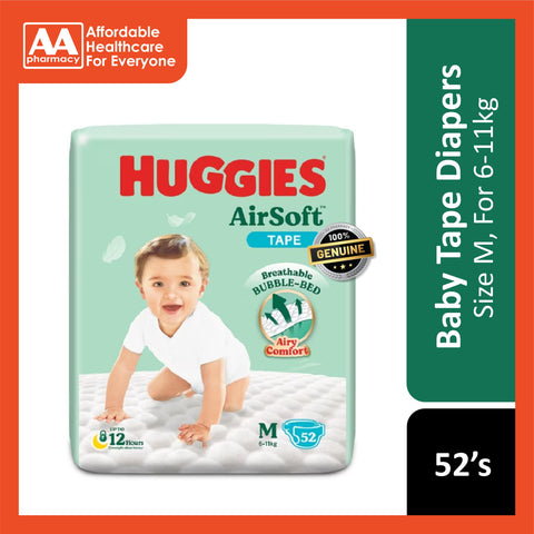 Huggies Air Soft Baby Tape Diapers Size M 52's (For 6-11kg)