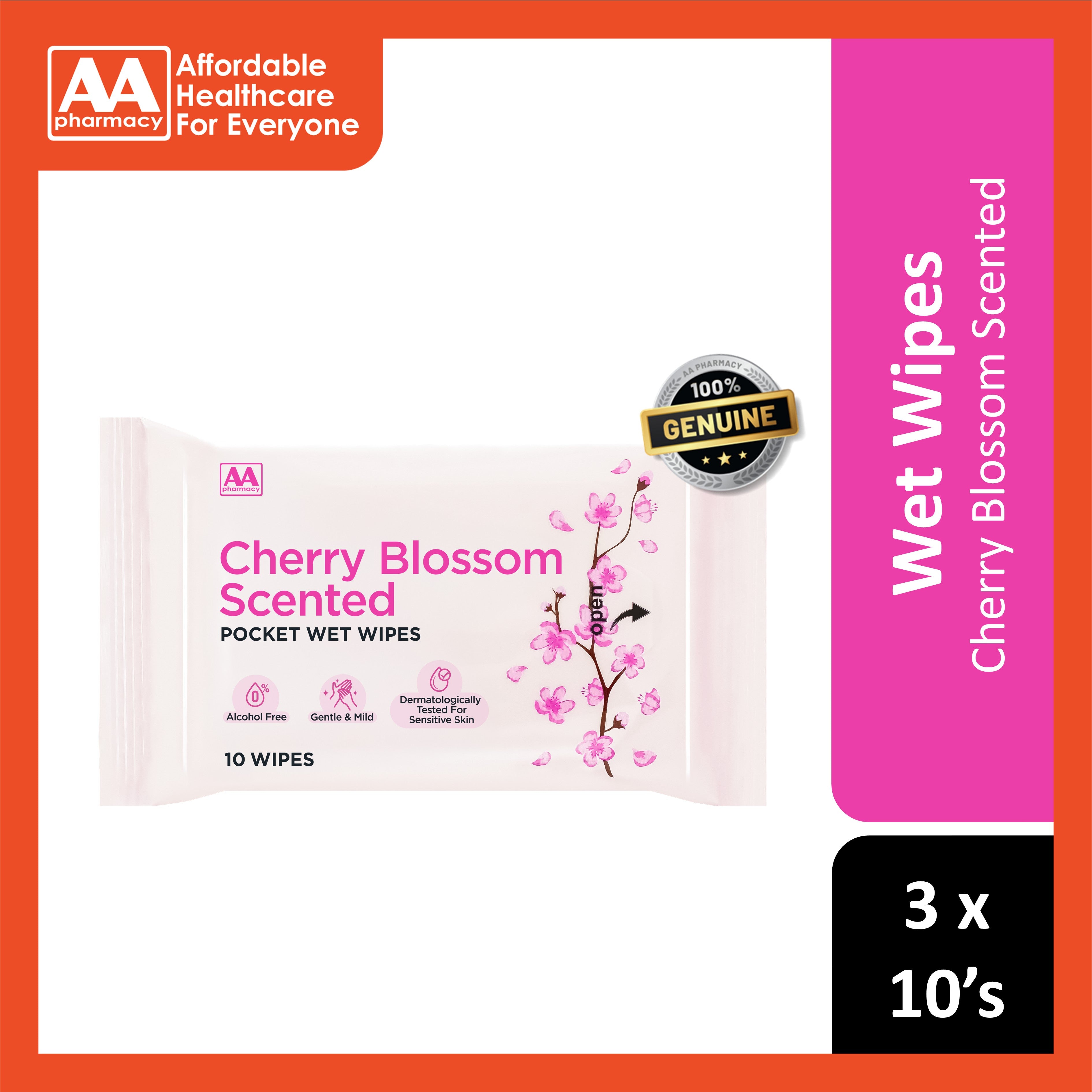 AA Cherry Blossom Scented Pocket Wet Wipes 3x10's