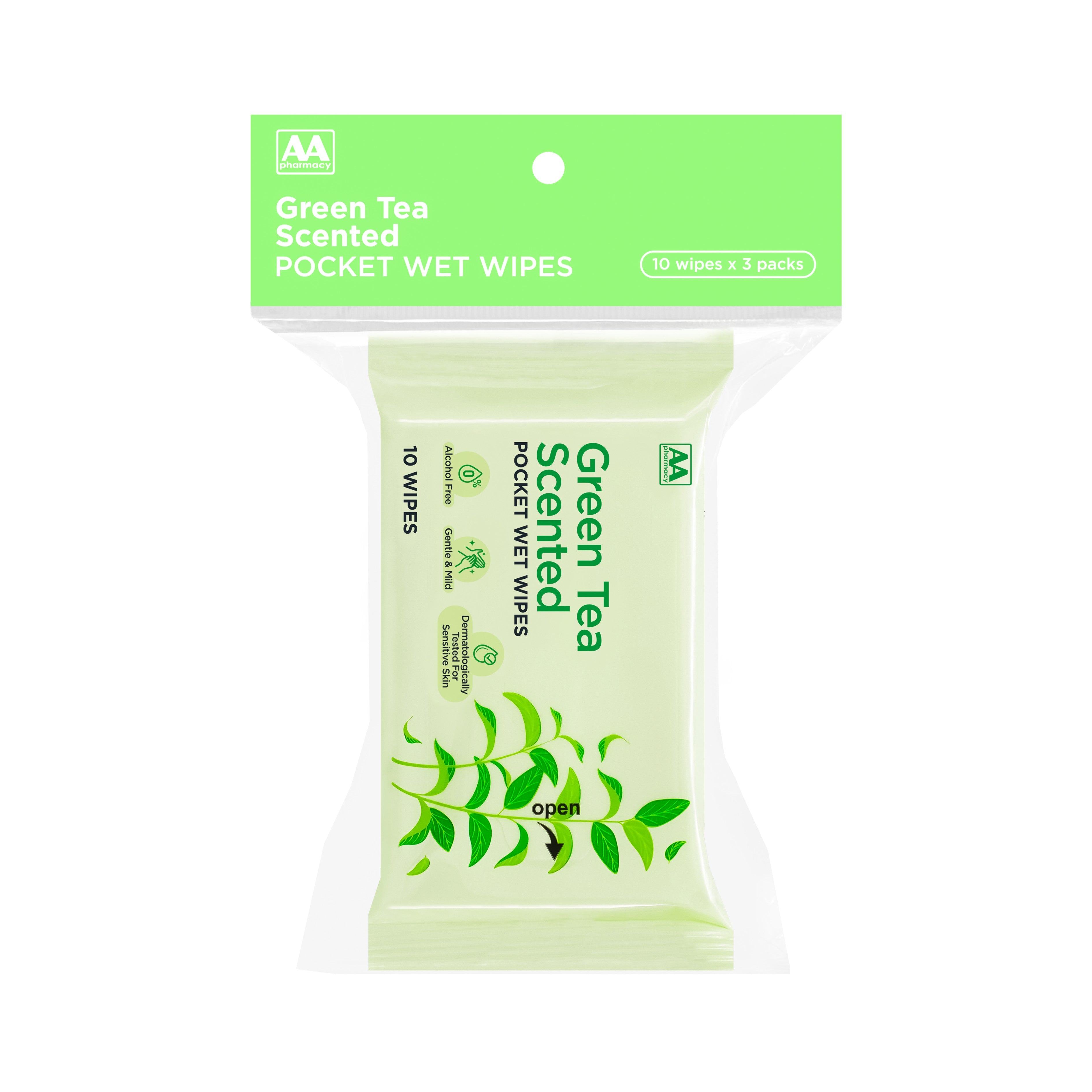 AA Green Tea Scented Pocket Wet Wipes 3x10's