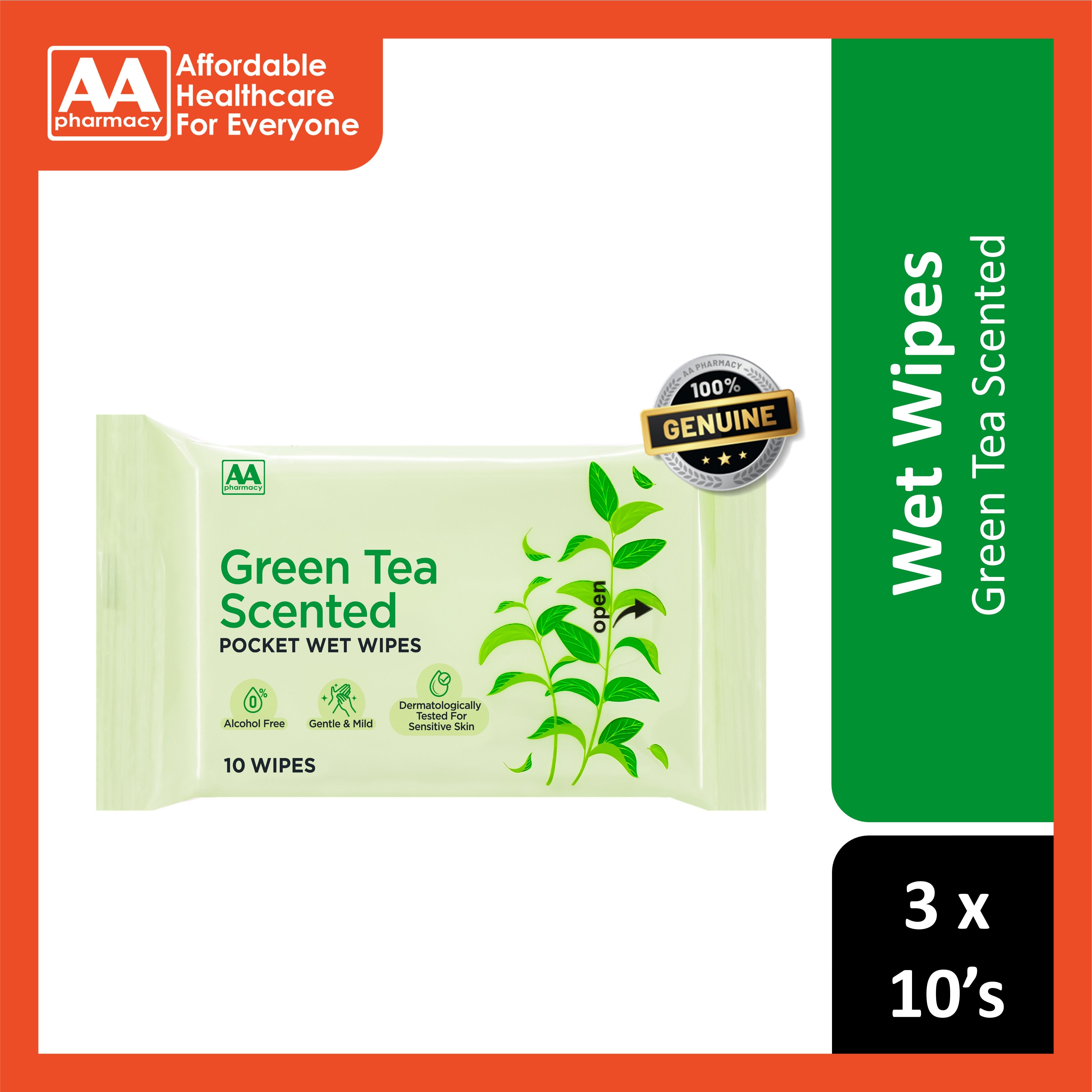 AA Green Tea Scented Pocket Wet Wipes 3x10's