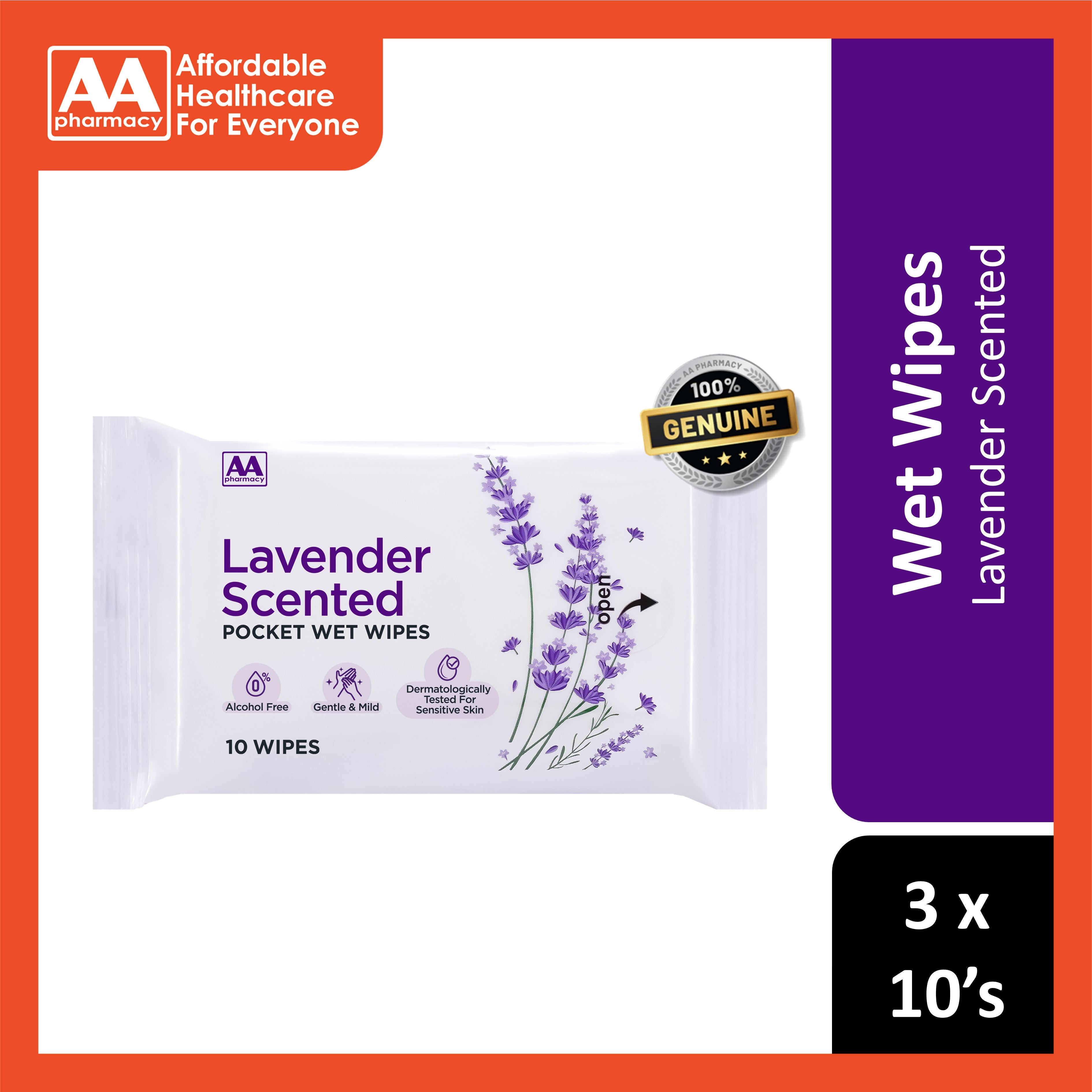 AA Lavender Scented Pocket Wet Wipes 3x10's