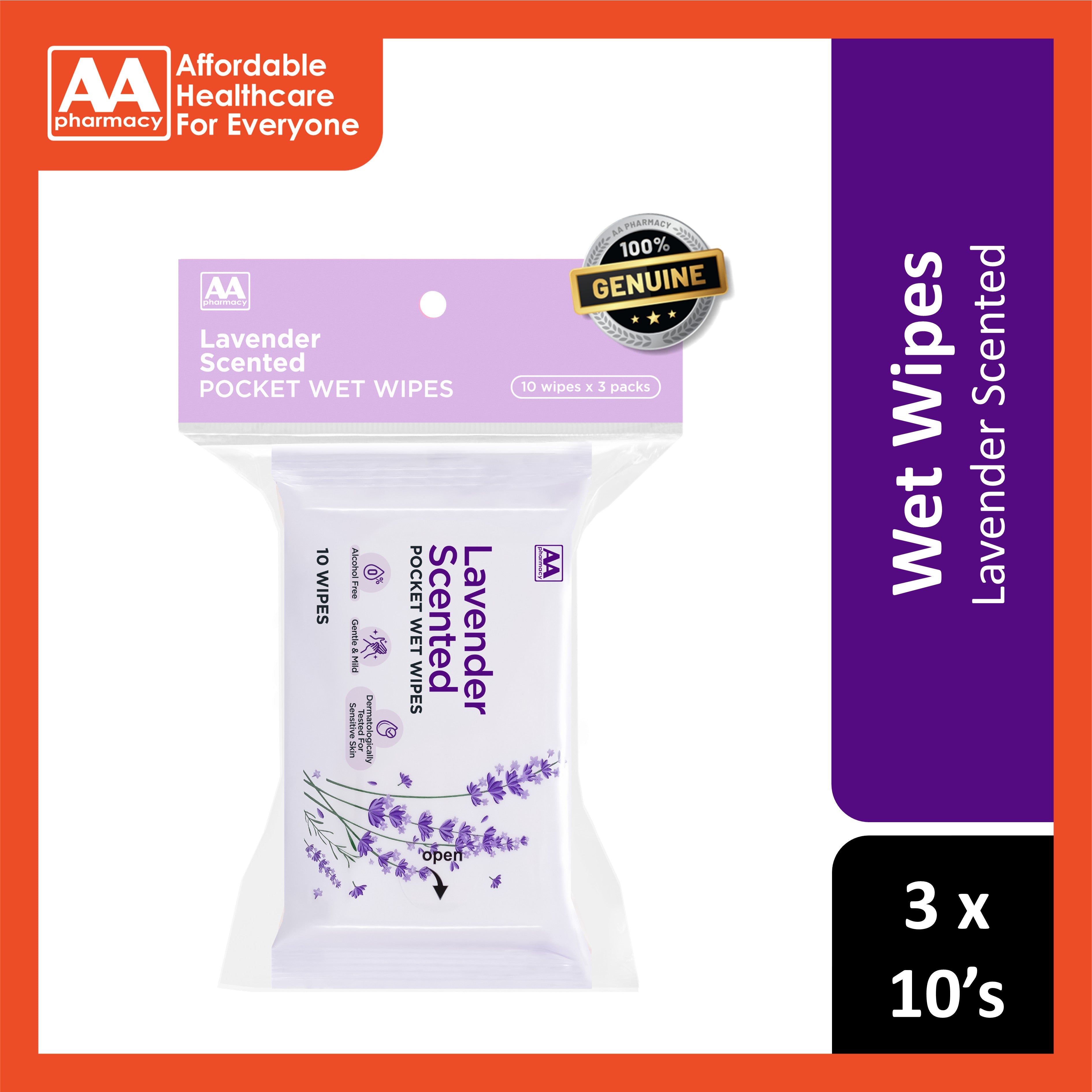 AA Lavender Scented Pocket Wet Wipes 3x10's