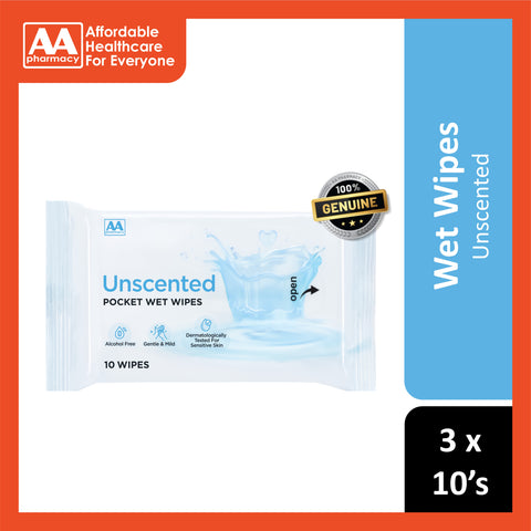 AA Unscented Pocket Wet Wipes 3x10's