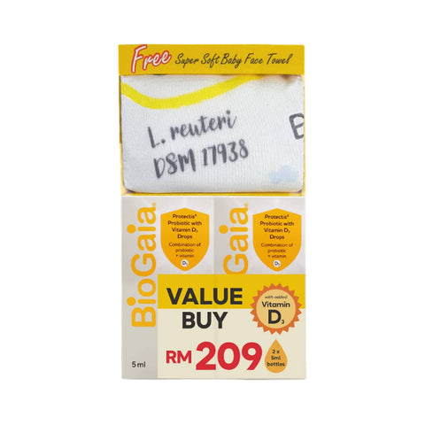 BioGaia Protectis Probiotic Drops With Vitamin D3 5mLx2's (Twinpack + FOC Baby Face Towel)