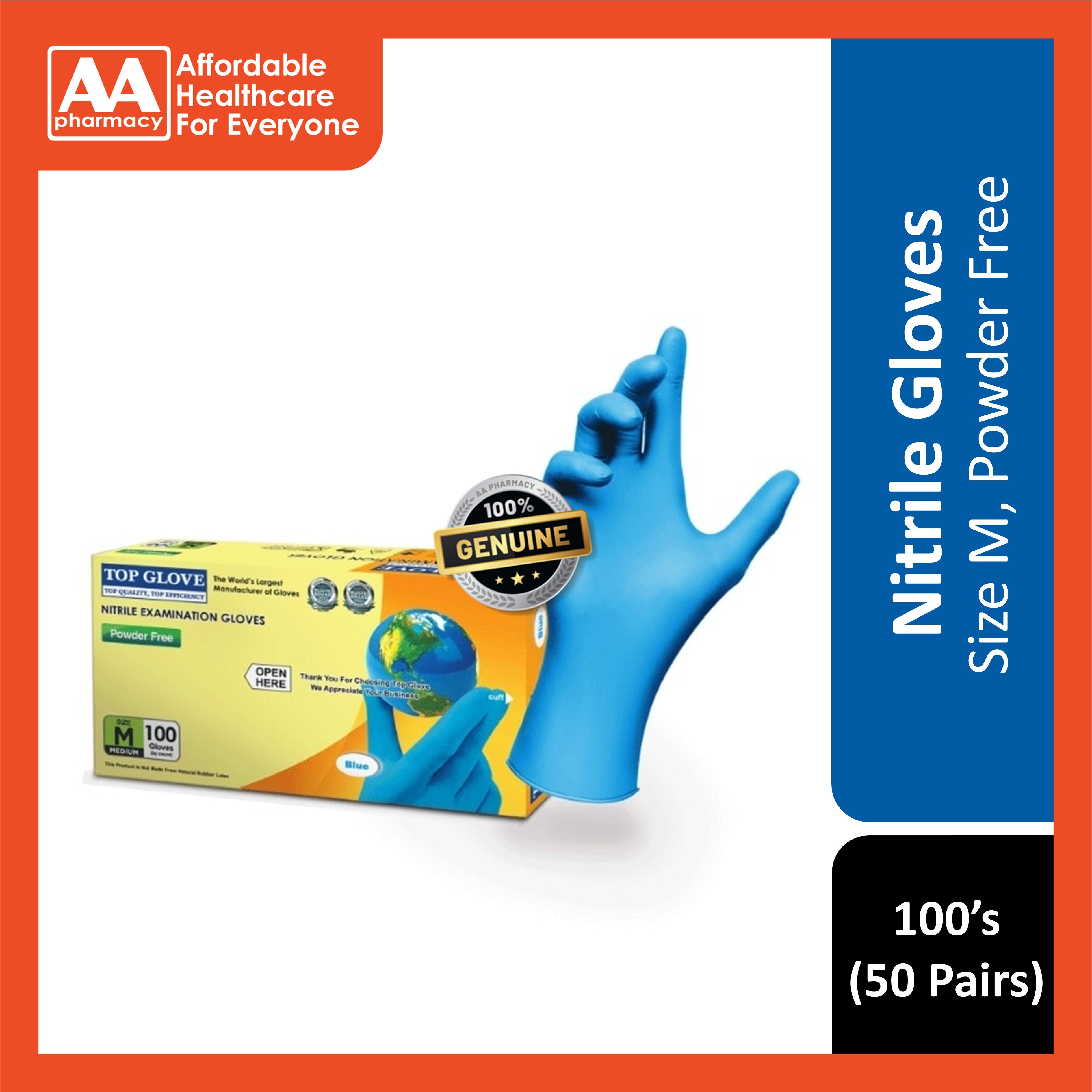 Top Glove Nitrile Examination Gloves (Powder Free) Size M 100's (50 Pairs)