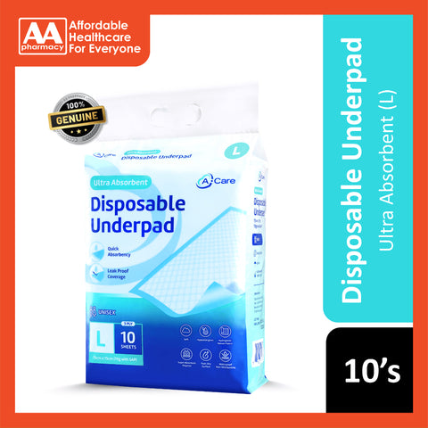 A-Care Ultra Absorbent Disposable Underpad Size L 75x75cm (10's