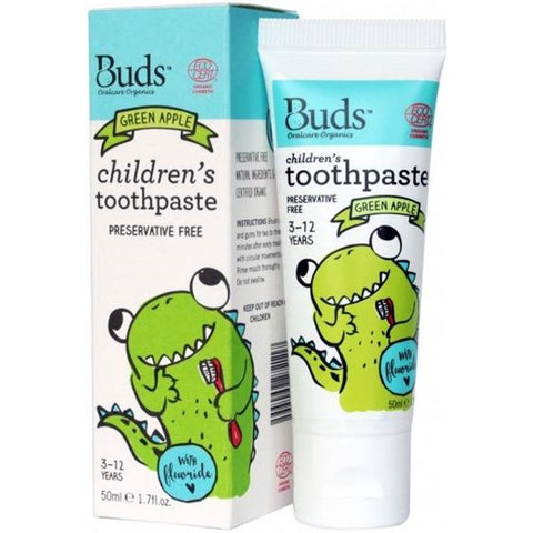 [For 3-12 Years] [EXP: 10/2024] Buds Children's Toothpaste With Fluoride- Green Apple (50mL)