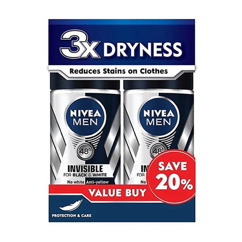Nivea Men Roll-On Deodorant Black & White Invisible Twinpack (50mL X 2)