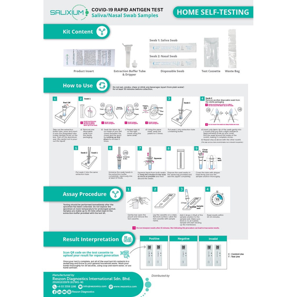 Salixium Covid-19 Rapid Antigen Test Kit for Self-Testing (Oral + Nasal Swab Samples) - MDA Approved