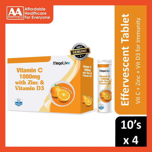 Megalive Vitamin C Effervescent 1000mg With Zinc & Vit D3 4x10's