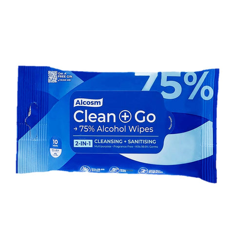 Alcosm 75% Alcohol Clean + Go Wipes 10's
