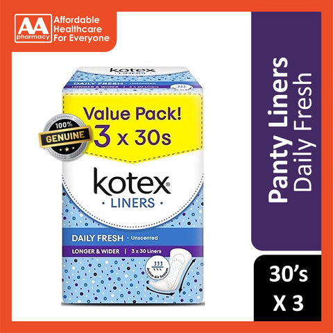 Kotex Fresh Pantyliners Longer & Wider Unscented 3x30's