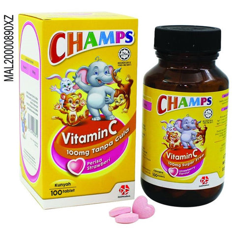 Champs Vitamin C 100mg Sugarfree Tab 100's (Strawberry Flavour)