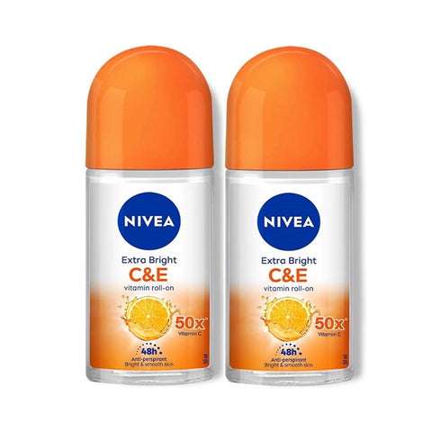 Nivea Deodorant Female Extra Bright C&E Roll On 50mL Twin Pack