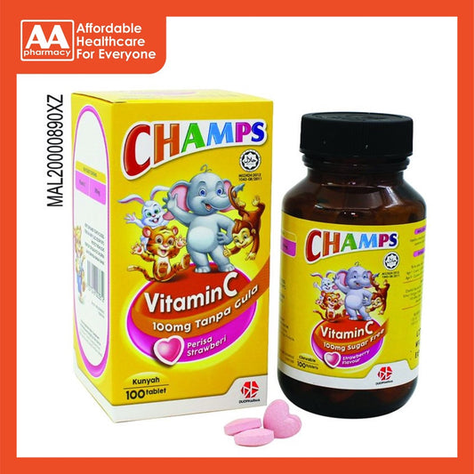 Champs Vitamin C 100mg Sugarfree Tab 100's (Strawberry Flavour)