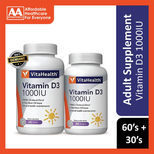 Vitahealth Vitamin D3 1000 IU Softgels 60's + 30's