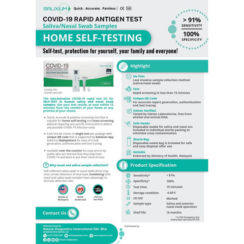 Salixium Covid-19 Rapid Antigen Test Kit for Self-Testing (Oral + Nasal Swab Samples) - MDA Approved