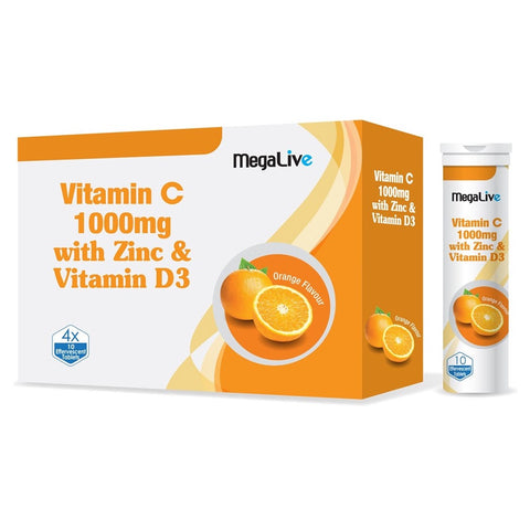 Megalive Vitamin C Effervescent 1000mg With Zinc & Vit D3 4x10's