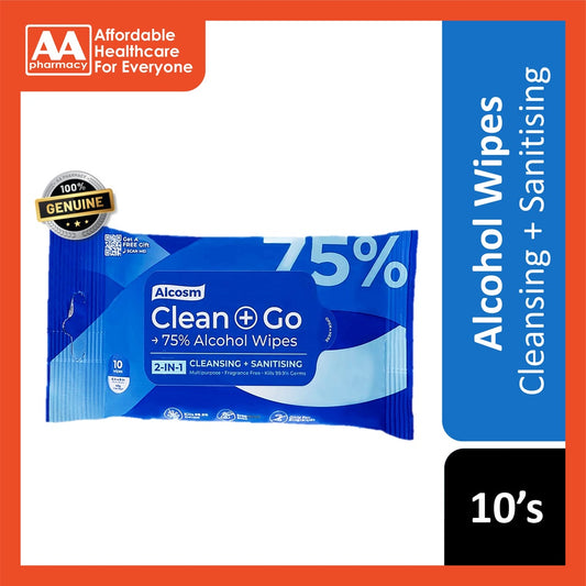 Alcosm 75% Alcohol Clean + Go Wipes 10's