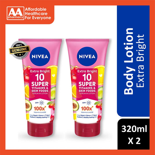 Nivea Extra Bright 10 Super Vitamins & Skin Foods Serum In Lotion (Twin Pack) 320 mL X 2