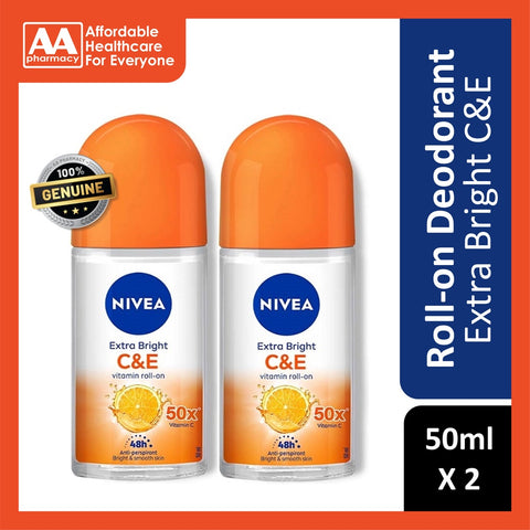 Nivea Deodorant Female Extra Bright C&E Roll On 50mL Twin Pack